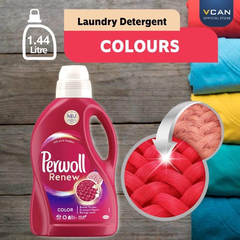 Perwoll Color น้ำยาซักผ้าสีสันสด สูตรอ่อนโยน คืนความสดใสให้เสื้อผ้าสี ปกป้องเส้นใย พร้อมกลิ่นหอมติดทน ขายดีอันดับ 1 จากยุโรป ส่วนผสมจากธรรมชาติกว่า 90% และขวดรีไซเคิลได้ 100%