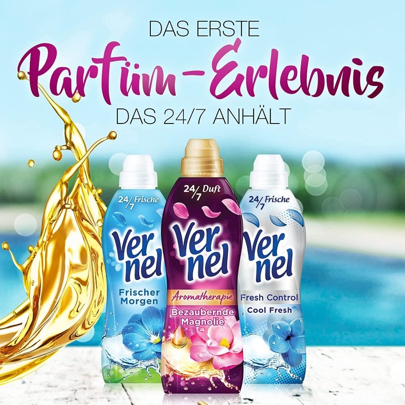 Vernel น้ำยาปรับผ้านุ่มและเพิ่มความหอมยาวนาน นำเข้าจากยุโรปตั้งแต่ปี 1969 ทำให้ผ้านุ่มละมุน พร้อมกลิ่นหรูหราที่ติดทนนาน เหมาะสำหรับผู้ที่รักความสดชื่นและผ้านุ่มฟูทุกครั้งหลังซัก